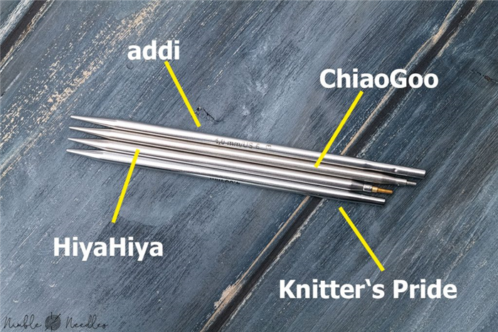 сравнение длины спиц разных брендов (chiaogoo, hiyahiya и knitter)