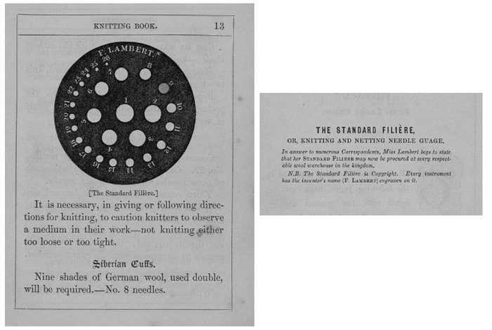историческая таблица размеров спиц для вязания, продававшаяся миссис Ламберт в 19 веке
