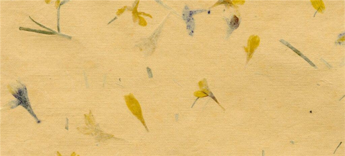 Лист бумаги ручной работы, тонированный в бежевый цвет и украшенный маленькими цветочками.