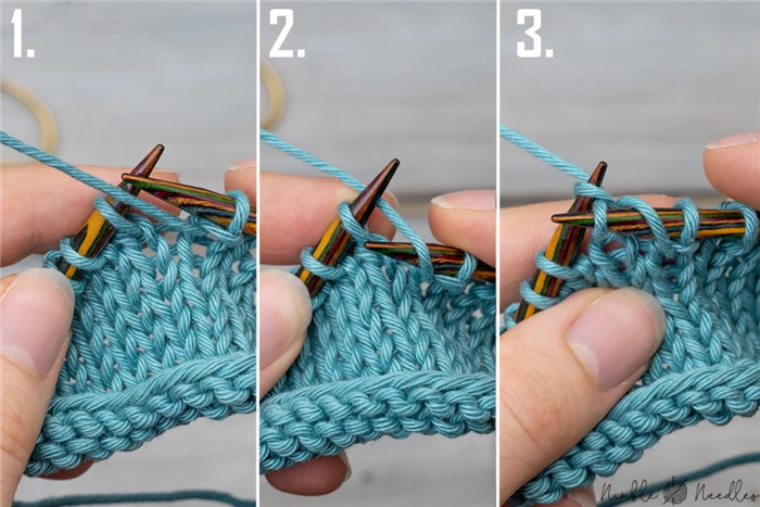 иллюстрация, показывающая, как при переходе от вязания к мурлыканию образуется случайная переброска нити