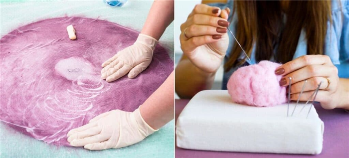 Слева - розовая шерсть валяется с мылом и водой, справа - розовая шерсть валяется с иглами.