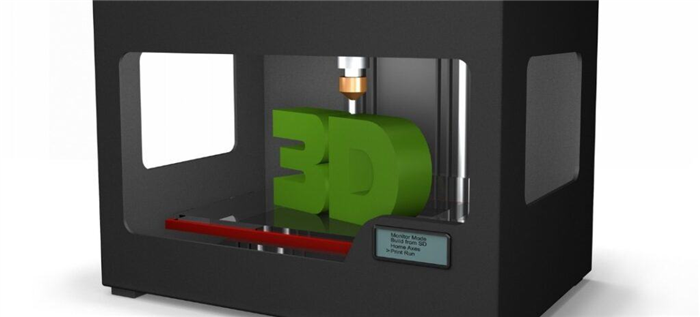 Черный прямоугольный 3D-принтер, печатающий зеленым цветом 