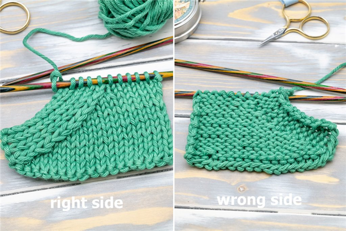 образец в технике stockinette stitch, показывающий правую и левую стороны вязания с убавлением p3tog
